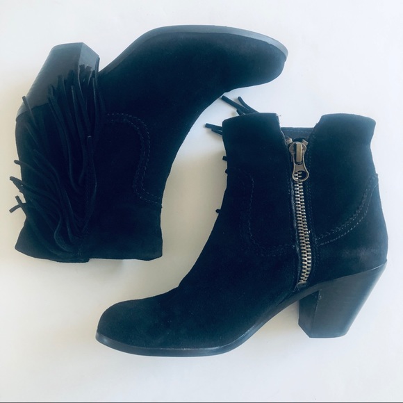 Sam Edelman Louie Black Suede Ankle Zip Bootie Fringe Western - Picture 3 of 9